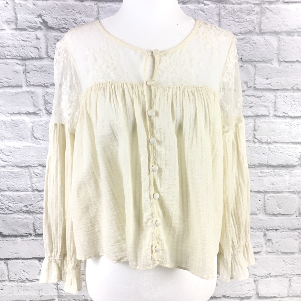 Free People Ivory Cotton Lace Button Blouse Sz Sm